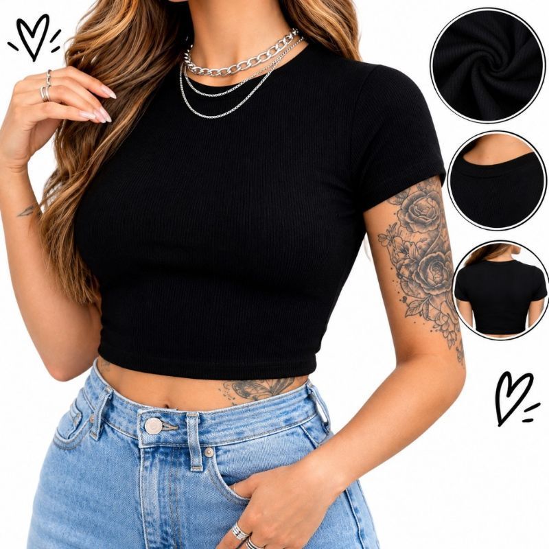 Cropped Feminino Manga Curta Canelado Gola Redonda Blusa Cropped Básica Casual Slim Moda Feminina