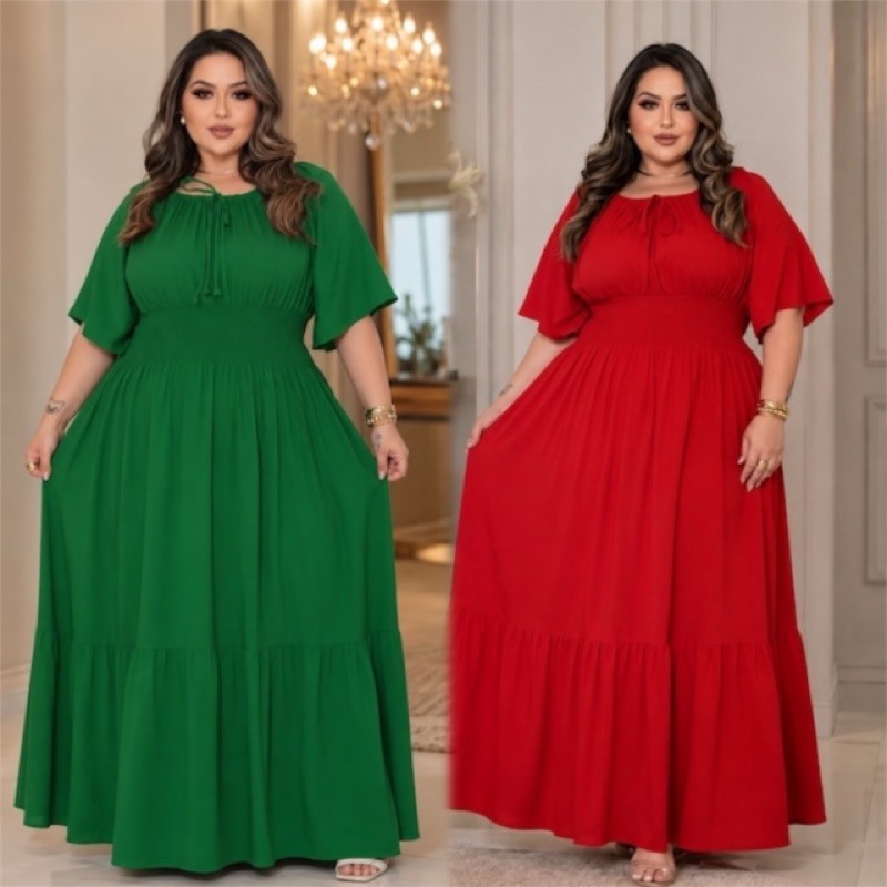 🌟 Vestido longo Elegante Plus Size manga flare(G1 ao G5) 🌟