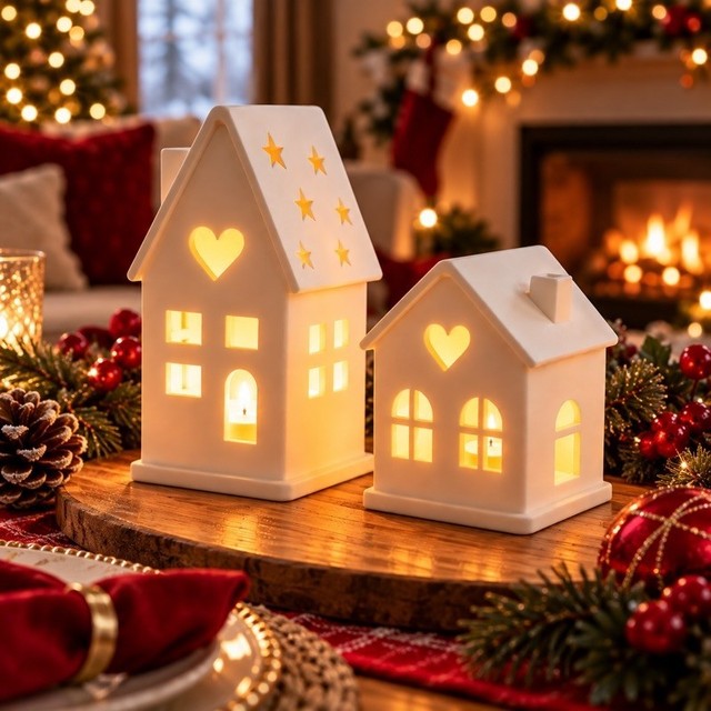 Kit 2 Casinhas de Natal com Luz LED e Vela Inclusa 10 cm e 7 cm Enfeite de Mesa Aparador Vila Natalina
