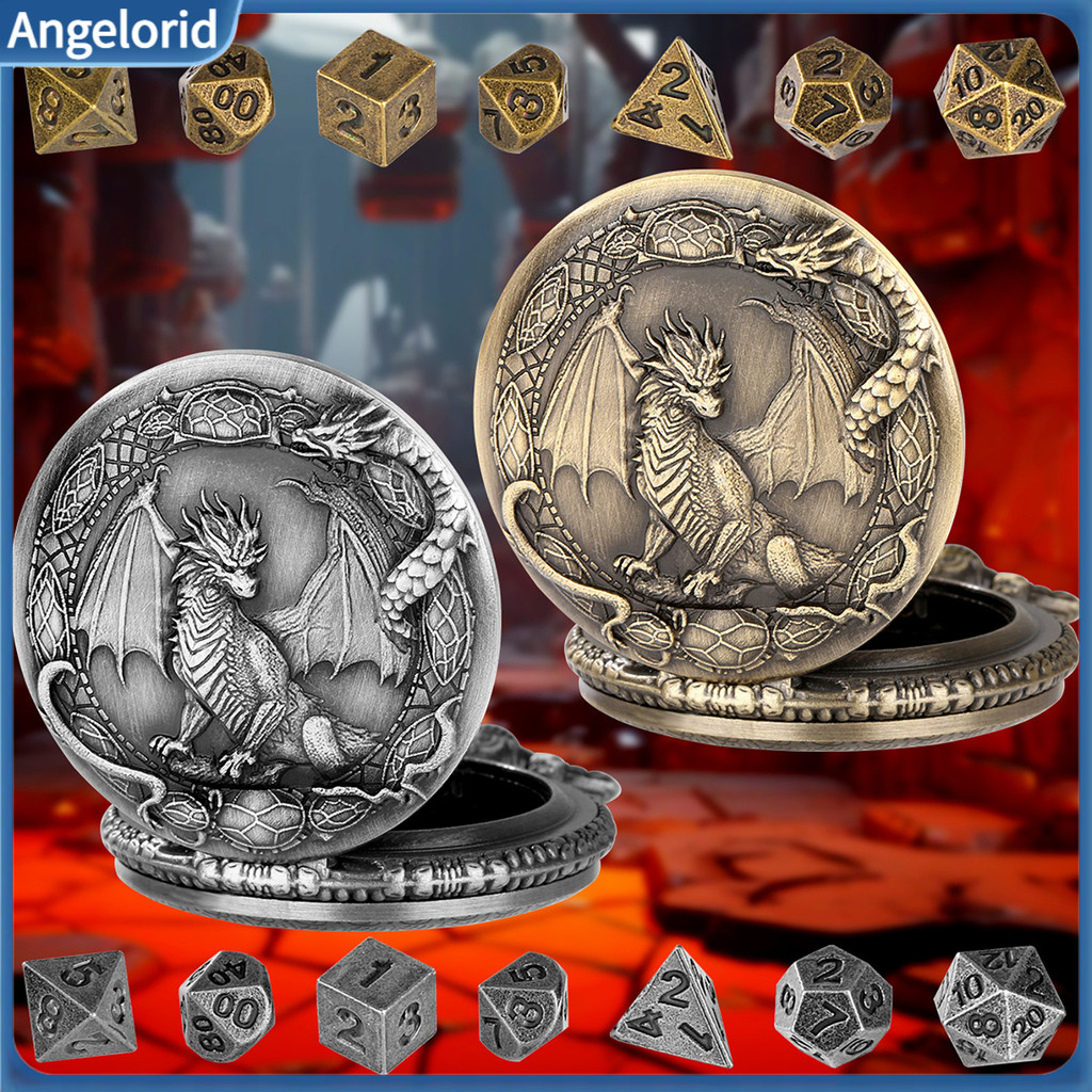 Durable Gaming Dice Vintage Dragon Pocket Watch Case Metal Set – 7 Multi-sided for Board Games Family Night Party Esse