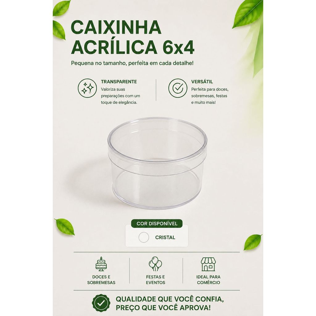 50 Caixinhas Acrílicas 6x4 Redonda Transparentes para Lembrancinhas, Festas, Aniversário e Personalização