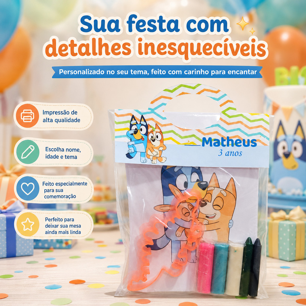 Kit Para Colorir Premium Bluey Menino Personalizado para Festa Infantil + Kit Massinha + Giz, Lembrancinha Criativa