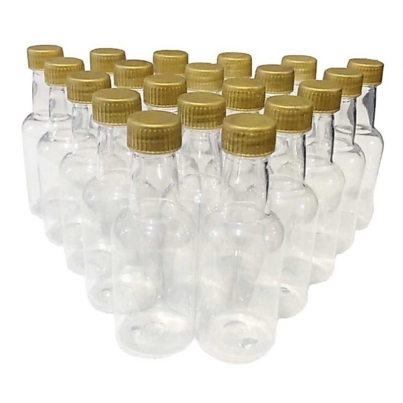 30 Mini Garrafinhas De Plastico 50ml Com Tampas dourada (CHOCO)