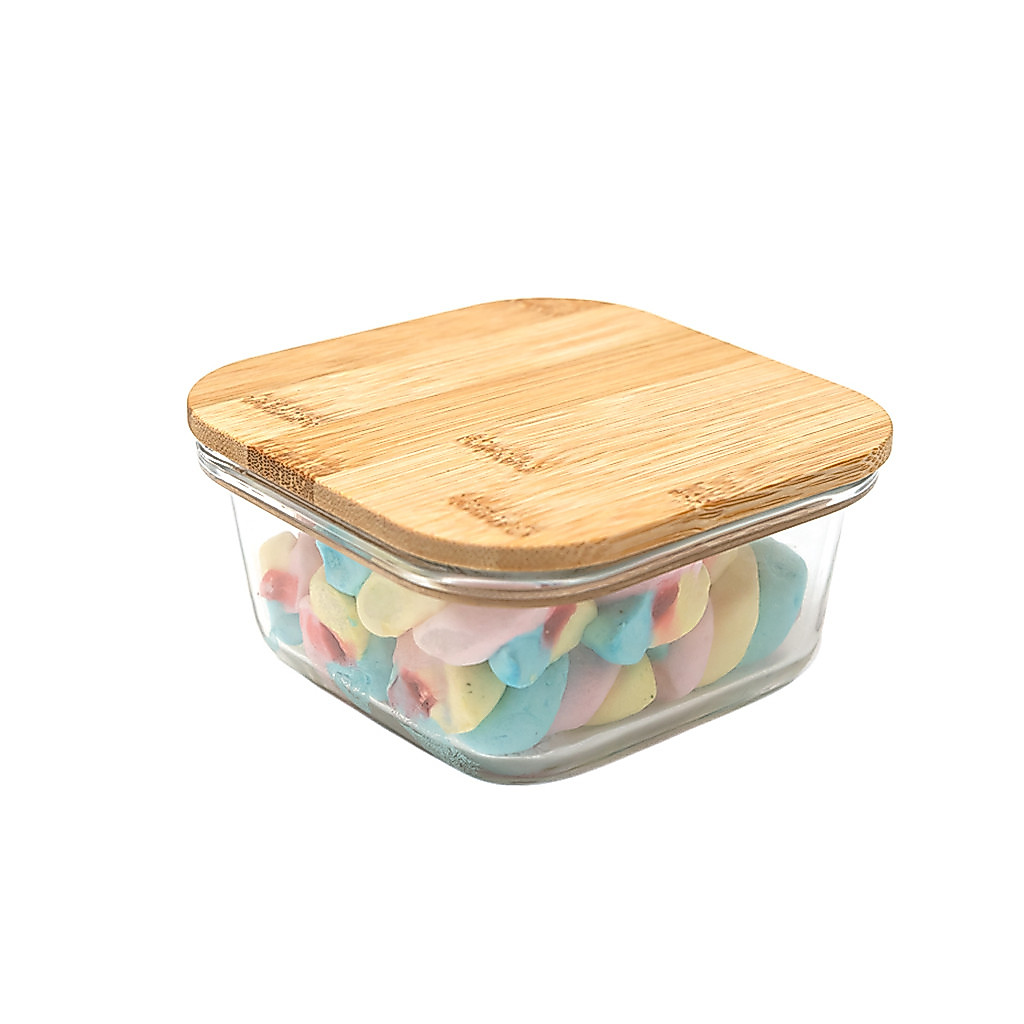 Pote de vidro 380ml com tampa de bambu hermético quadrado - Tud