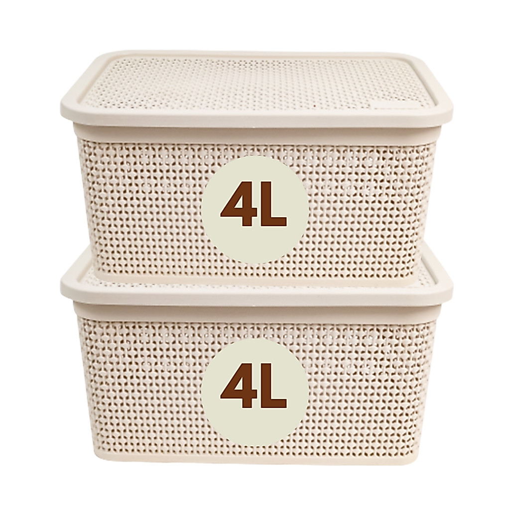 Kit 2 Cestos 4 Litros Caixa Organizadora Multiuso Rattan com Tampa Alças Laterais Cesto Organizador