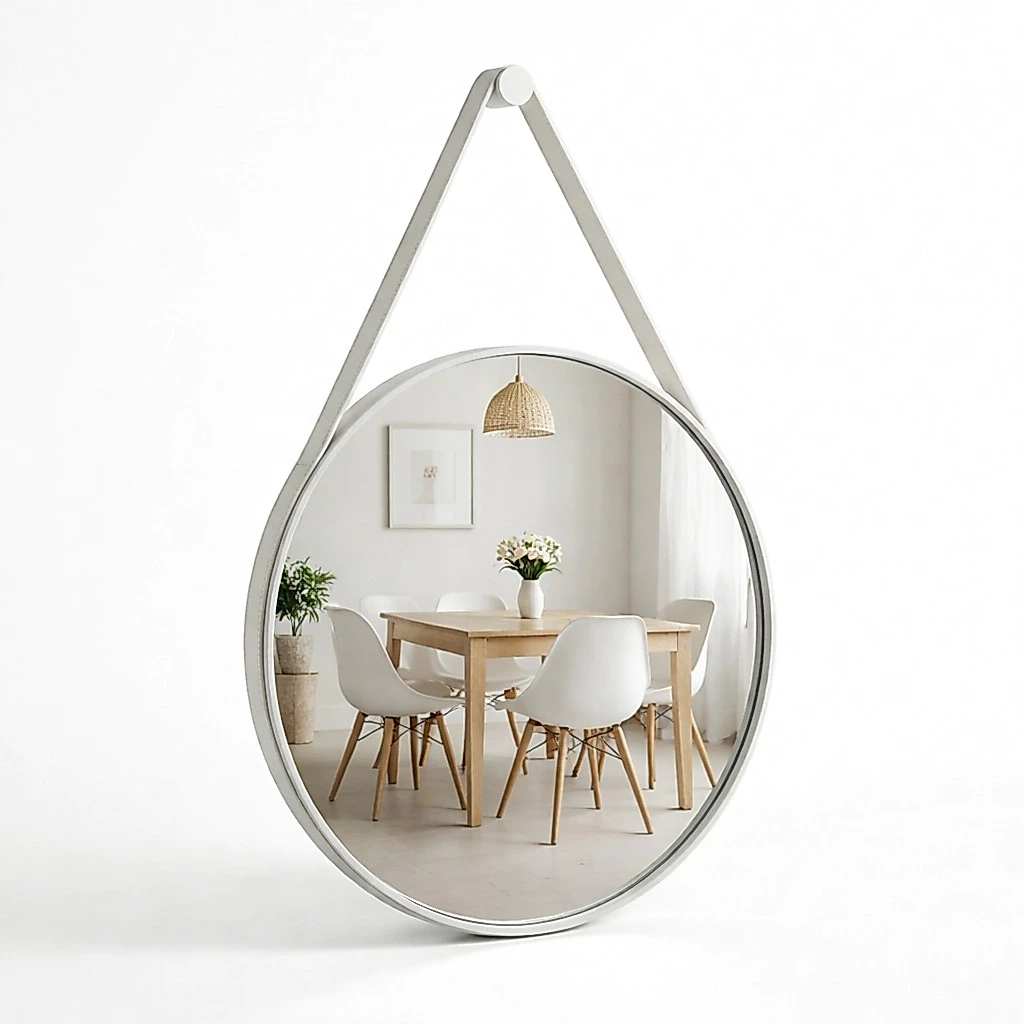 Espelho Redondo Decorativo Adnet Alça Couro Suporte 60cm Sala Quarto Banheiro — imagem 1