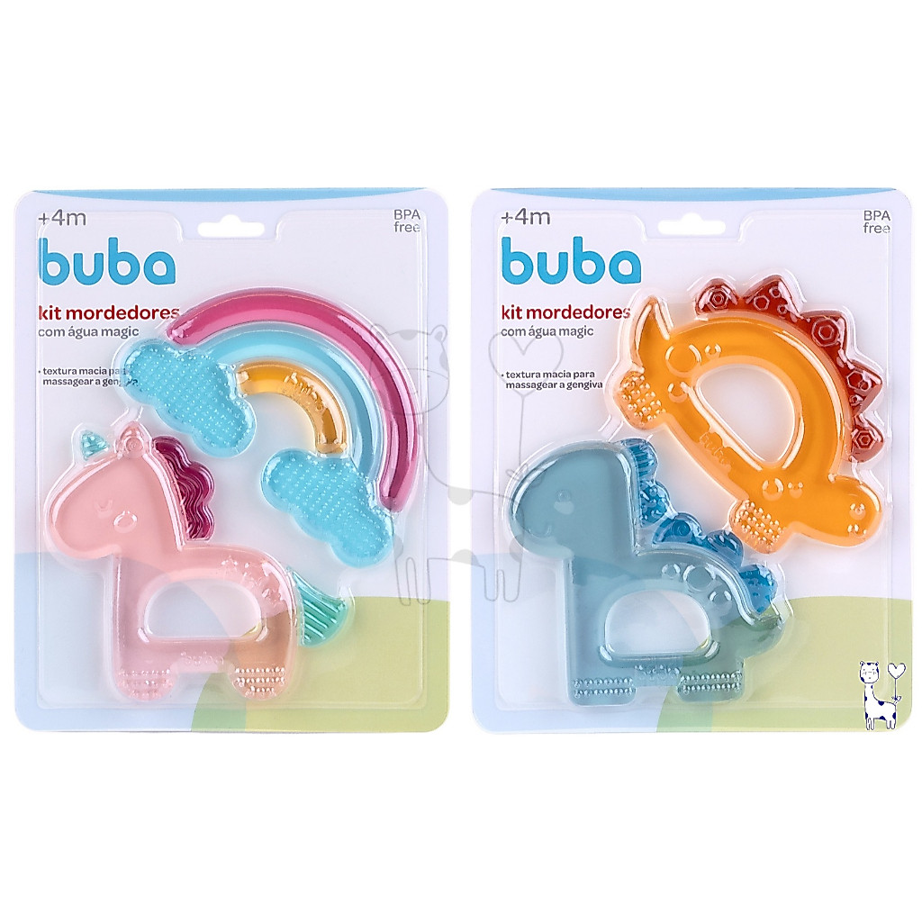 Kit 2 Mordedores Magic Buba Silicone Água Gelada Alivia Gengiva Bebê Dino Unicórnio