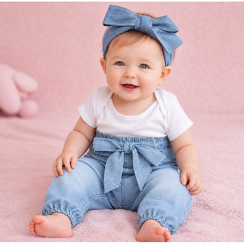 Calça Jeans Bebê Menina com Laço  - Confortável e Moderna P ao GG - Look Completo
