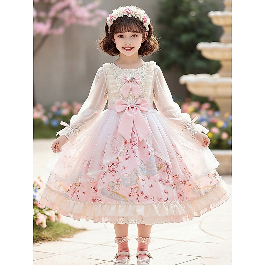 Meninas de manga comprida Lolita vestido primavera outono 2026 novo estilo crianças estilo ocidental vestido de princesa