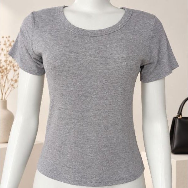 Blusa Feminina Cinza Básica Manga Curta Tamanho G Viscose com Elastano Confortável Casual Dia a Dia Feminina (Brechó)