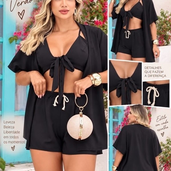 Conjunto Kimono Floral Feminino Cropped com Bojo Viscolinho Crepinho Praia Elegante