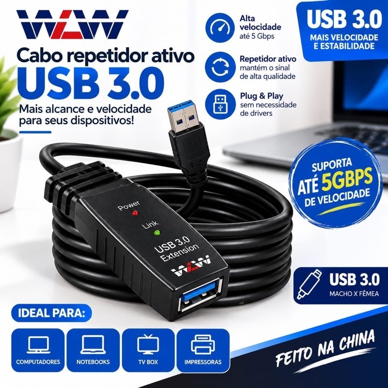 Extensor Usb 3.0 Ativo Repetidor A Macho X A Femea 20 Metros ATÉ 5Gbps