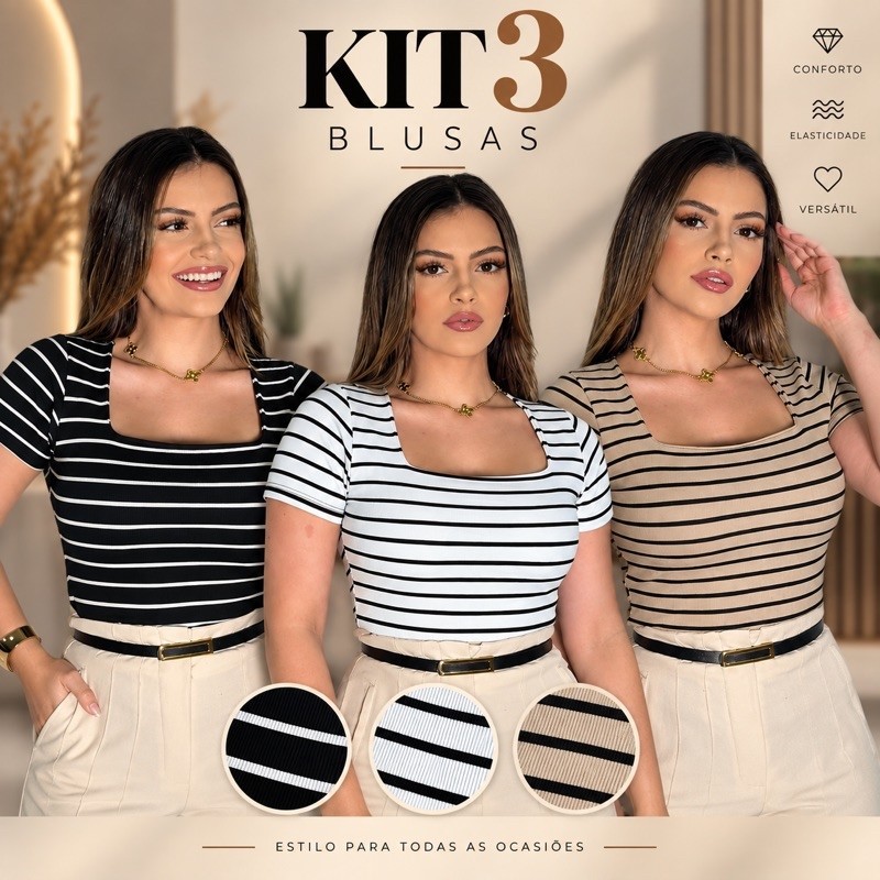 Kit 3 Blusas Femininas Decote Quadrado Listradas Ribana Canelada Premium