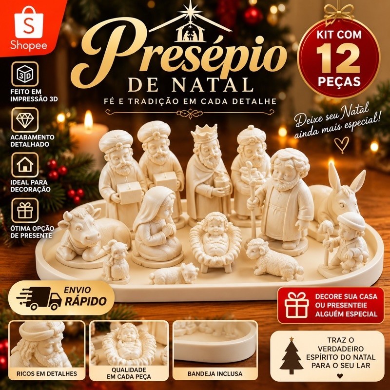 Kit Presépio de Natal 3D 12 Peças com Bandeja Decoração Natalina