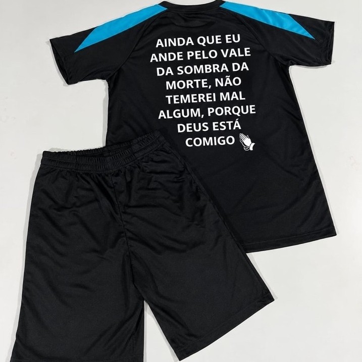 Conjunto Esportivo Masculino Camiseta e Shorts Dry Fit Estampado Frase nas Costas