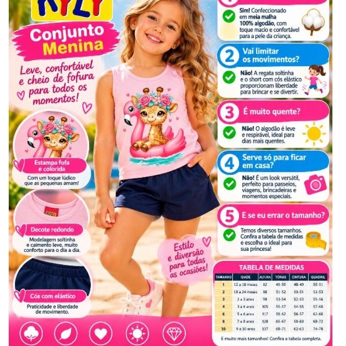 Conjunto Menina Kyly Infantil Algodão Regata e Short Confortável Verão Estampado Lindo e Confortável