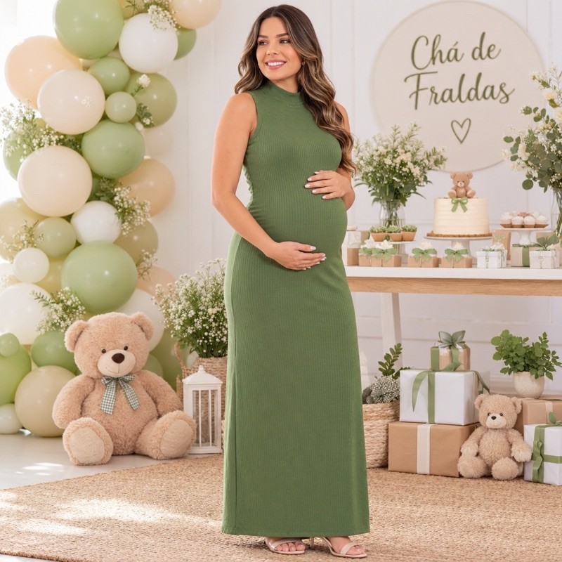 Vestido longo para gestante gola Alta Moda Gravida Confortável Elegante