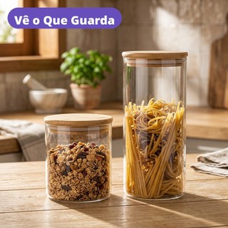 Kit Potes Herméticos Vidro Tampa Bambu 800ml e 1,8L Guardar Mantimentos Biscoitos Grãos Despensa