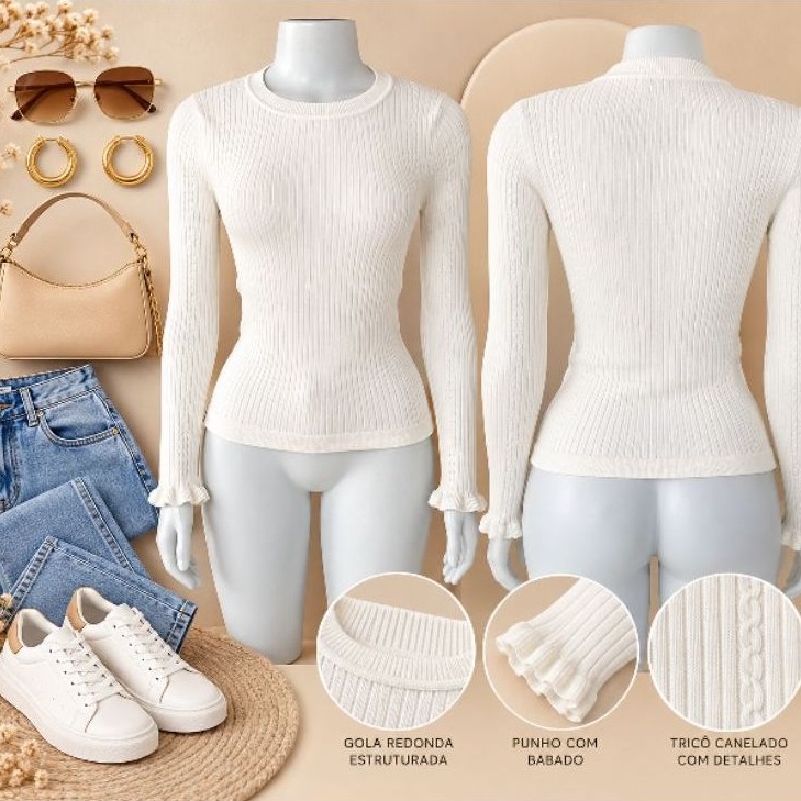 Blusa Feminina City P Manga Longa Tricô Canelado Off White Quentinha Gola Redonda Inverno Elegante (Brechó)