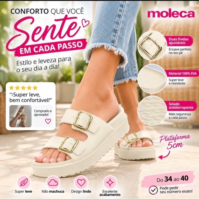 Sandália Feminina Moleca com Plataforma 5cm Dual Fivela Ajustável EVA Solado Antiderrapante