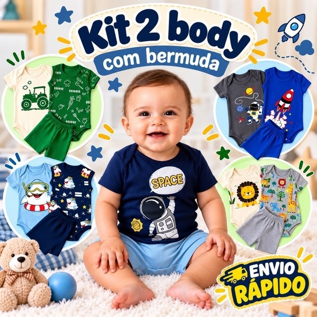 Kit 2 body com bermuda bebê menino. Roupa de Bebê . Do RN ao GG. Escolha sua estampa