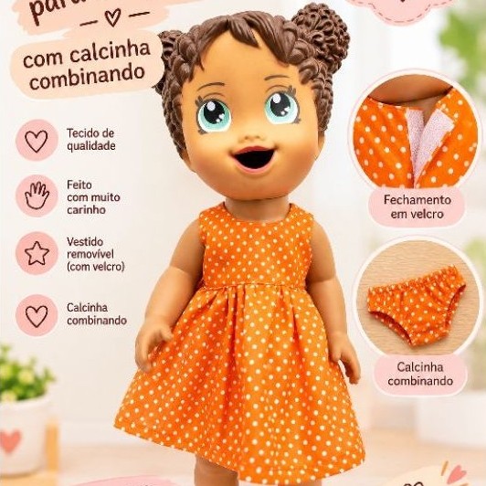 kit Vestido e calcinha para Baby Alive | Roupa de Boneca com Fechamento em Velcro, várias estampas + calcinha aleatória