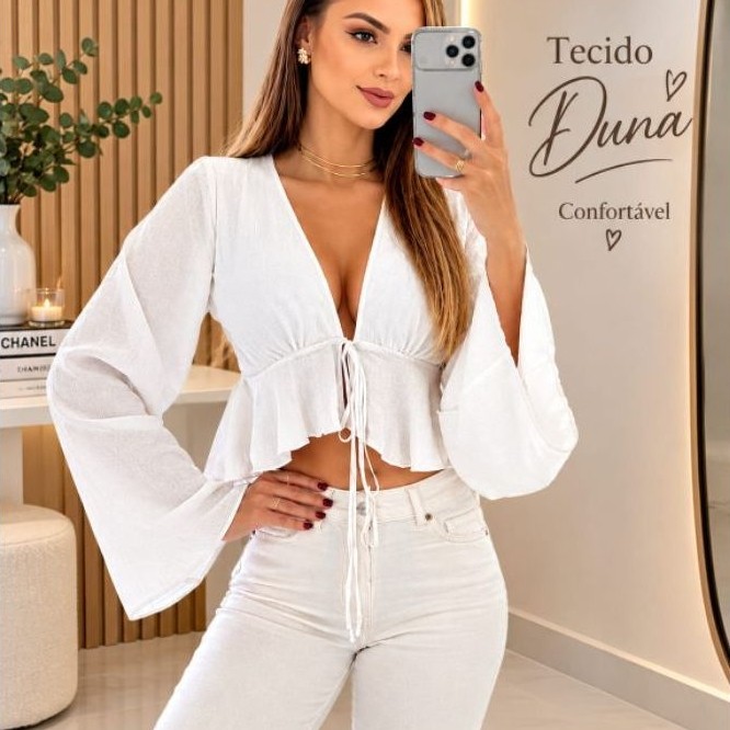 Blusa Feminina Cropped Manga Longa Decote V Amarração Frontal Moda Casual