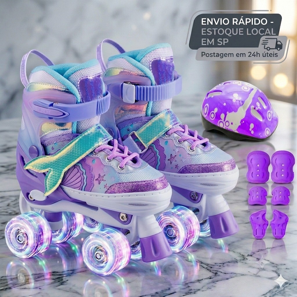 Patins Ajustável Infantil 4 Rodas Com Kit Proteção E Capacete Rodinha Led Roller Menina