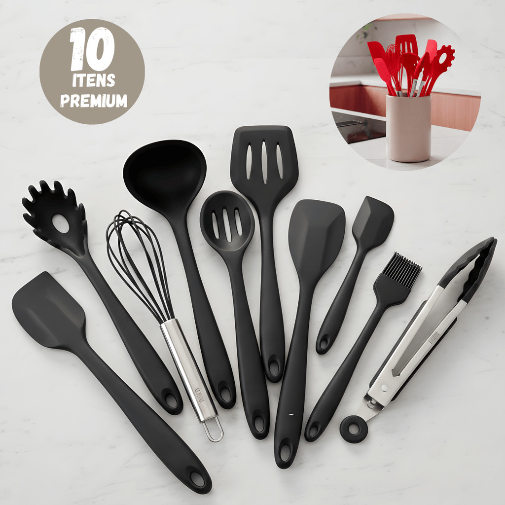 Kit 10 Peças Conjunto Utensílios Cozinha Silicone Inox Jogo Colheres Pegador Concha Espátula Fouet
