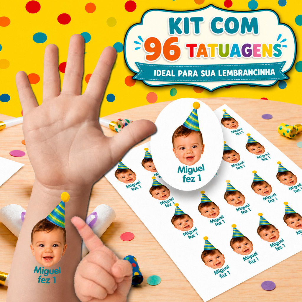KIT 96 Tatuagens Temporarias Personalizadas para Aniversário