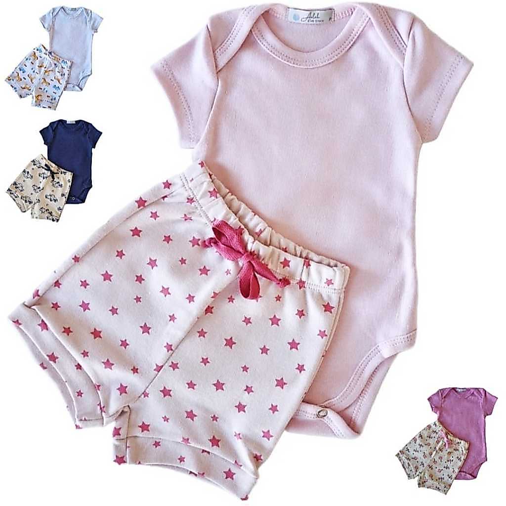 Kit Bebê 2 peças Body Manga Curta e Short 100% algodão Conjunto Verão antialérgico