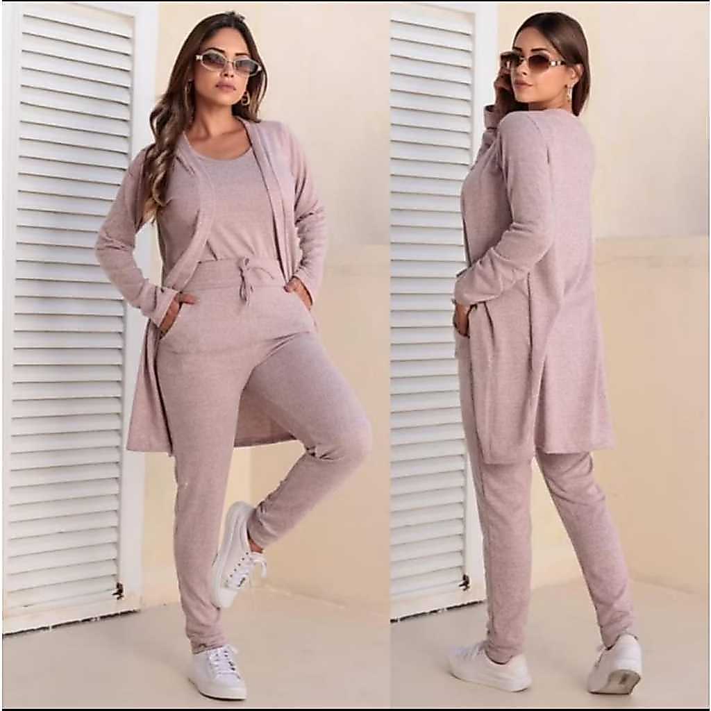 Conjunto Feminino 3 Peças Cardigan Calça Jogger E Regata lanzinha Canelado Confortável
