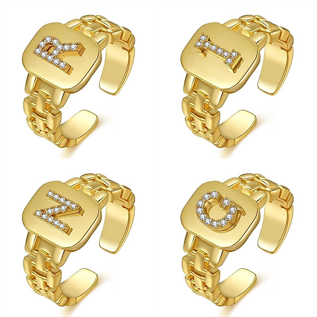 Anel Masculino de Letra Cravejado de Zirconia Ajustável Banhado A Prata 925 ouro 18k