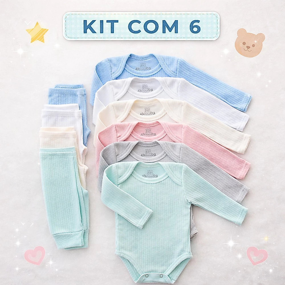 Kit 6 Peças Conjunto Canelado Manga Longa 3 bodies e 3 calças Mijão RN ao 1 ano Bebê 100% Algodão