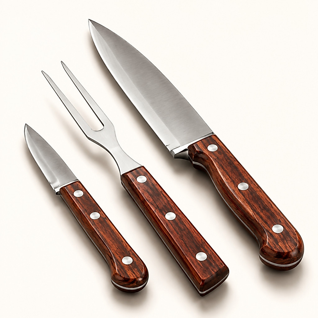Kit Facas Churrasco Catuaí Vega 3 Peças Aço Inox Cabo Madeira Garfo Trinchante