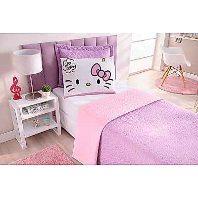 KIT COBRE LEITO DUPLA FACE INFANTIL MATELADO HELLO KITTY  ROSA PINK LILAS 3 PEÇAS