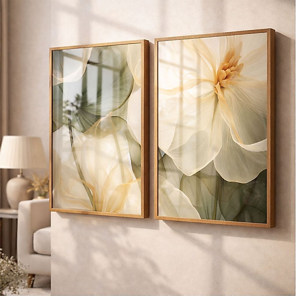 Quadro Moldura e Vidro Kit Decoração Moderno 2 Peças Flor Verde Bege Para Sala Quarto Escritório