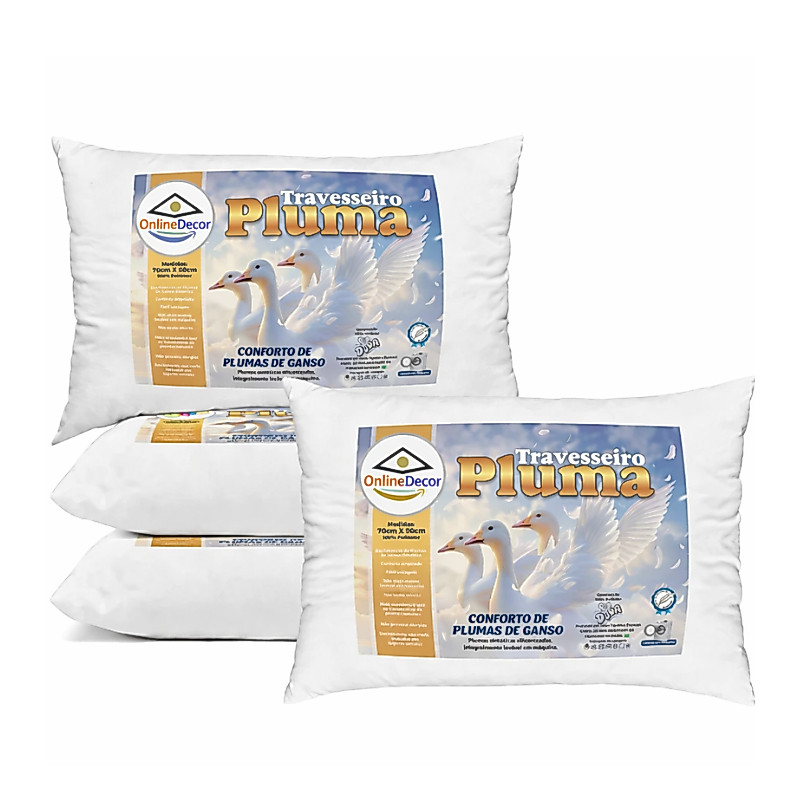 Kit 2 e 4 Travesseiros 70x50 Pluma de Ganso Premium – Alto Padrão e Máximo Conforto