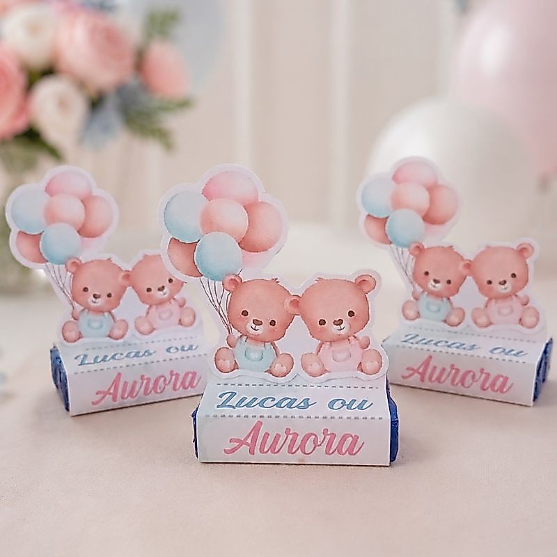 Kit Porta Bis Duplo Chá Revelação Ursinho Azul e Rosa - Lembrancinha para Chá Revelação Urso baloeiro Rosa Azul neutro