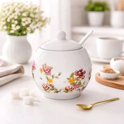 Açucareiro Porcelana Branco Floral Com Colher Le Jardin 350ml Hauskraft