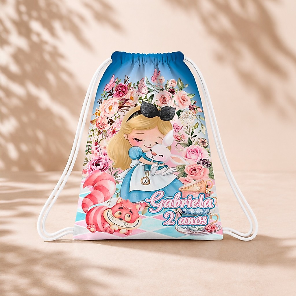 10 Mochila Personalizada Infantil 18x26 Sacolinhas Surpresa Festa Aniversário Lembrancinha Alice no pais Maravilhas AQ