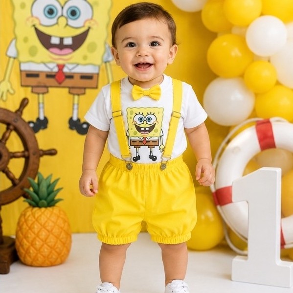 Conjunto temático infantil bob esponja contendo camiseta short suspensório e gravata roupa personagem