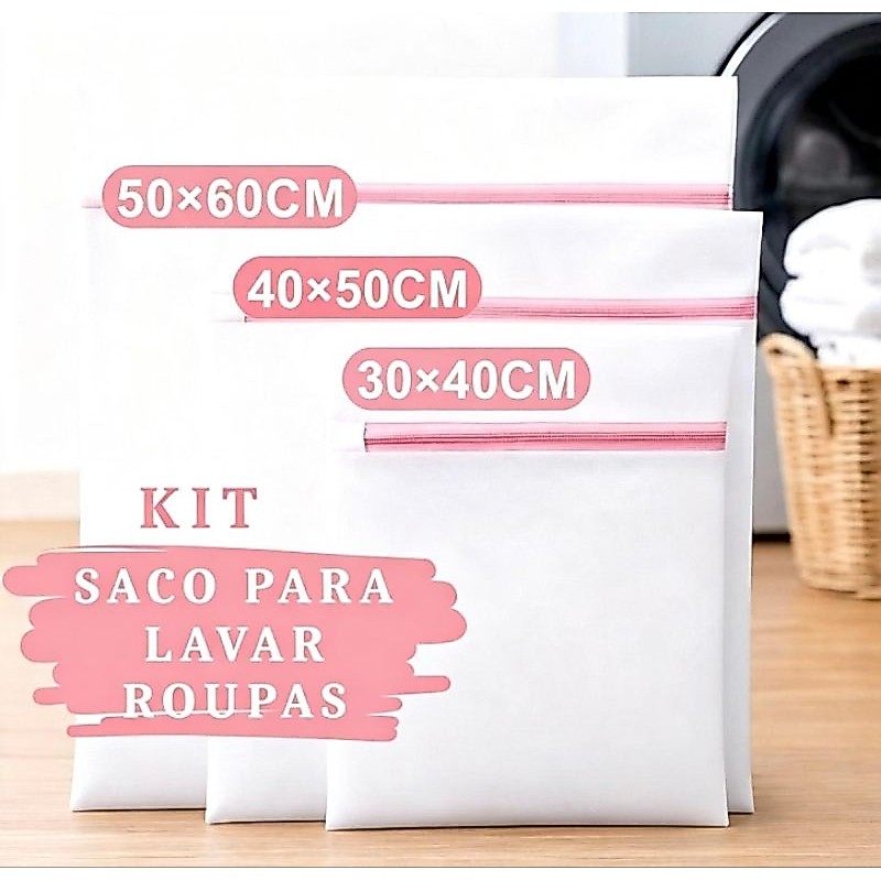 Kit Sacos para Maquina de Lavar Roupas Delicadas com Zíper 3 Tamanhos Proteção de Peças Lavadora