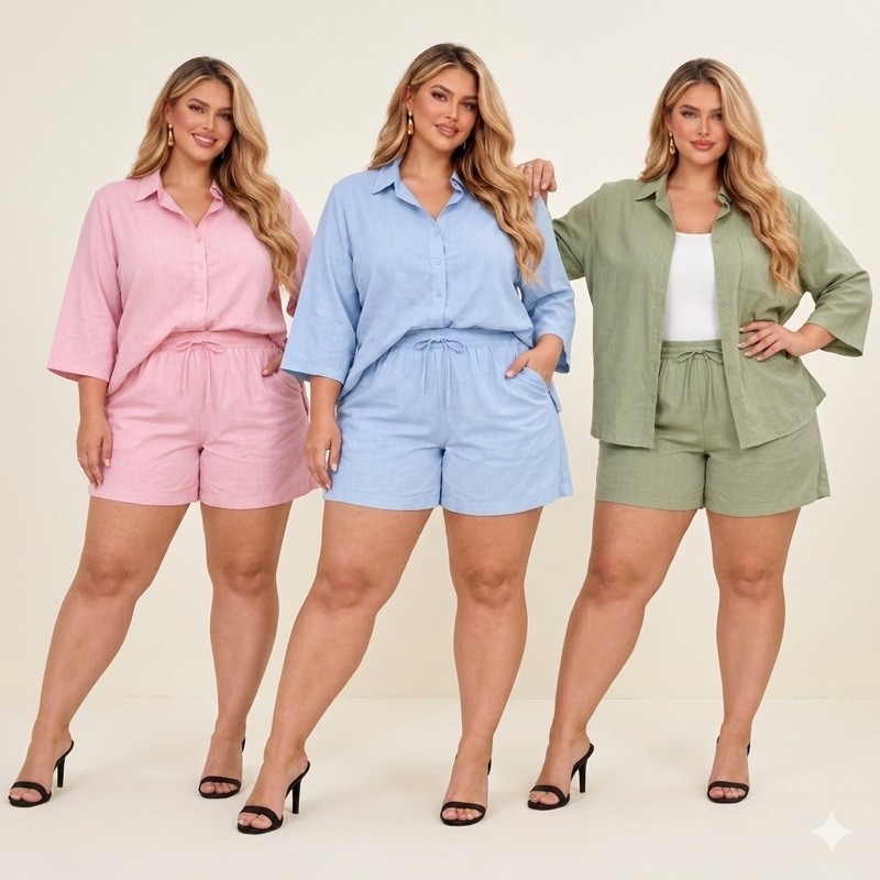 Conjunto Feminino Plus Size Viscolinho Camisa 3/4 e Short com Forro e Bolsos Elegante verão