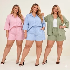 Conjunto Feminino Plus Size Viscolinho Camisa 3/4 e Short com Forro e Bolsos Elegante verão