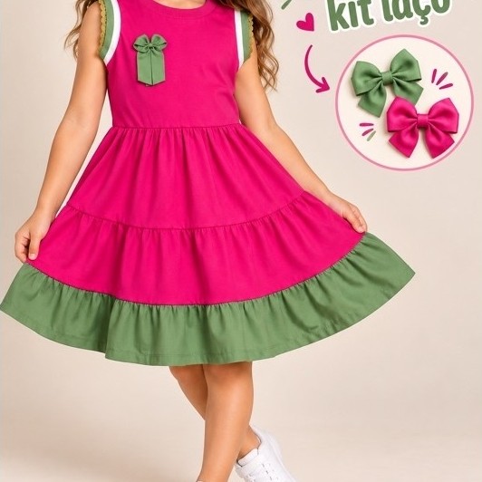 Vestido Infantil Menina 2 ao 8 anos Com Kit Laço Algodão Premium Cores Toque Suave Três Marias .