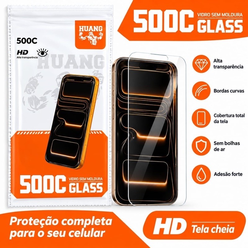 Película 3D Vidro Temperado 500C HD Reforçado Sem Borda Preta para iPhone 18 17 16 15 14 13 12 11 Pro Max