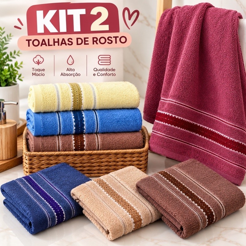 Kit 2 Toalhas de Rosto Macias e Absorventes – Cores Sortidas