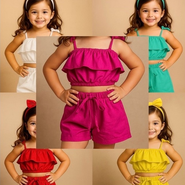 Conjunto Infantil Feminino Cropped com Babado e Shorts Menina Verão Look Infantil