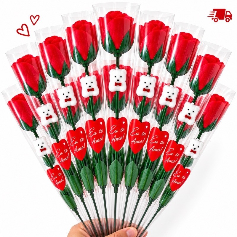 Kit Botão Rosa Flor com Ursinho Dia dos Pais Flor em Sabonete Presente Botão Flores Artificiais